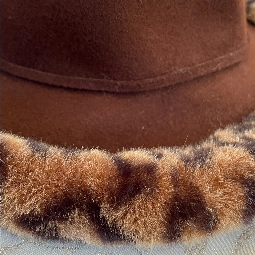 Vintage Fall Wool Brown Hat w/Animal Faux Fur Print Trim
